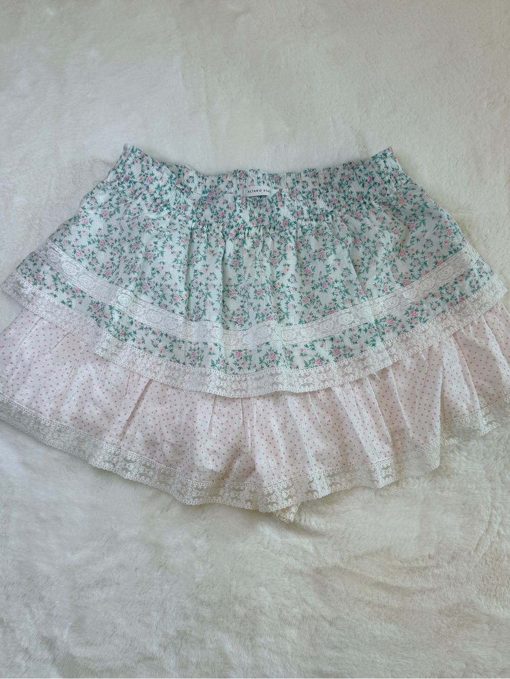 Altar'd State Layered Floral Ruffle Shorts in Pink and Green